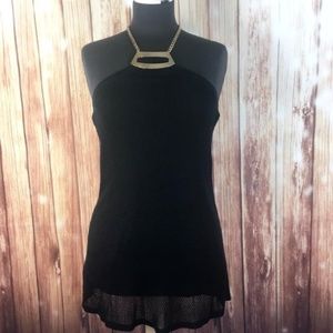CACHE Black Tunic Top With Gold Chain Accents